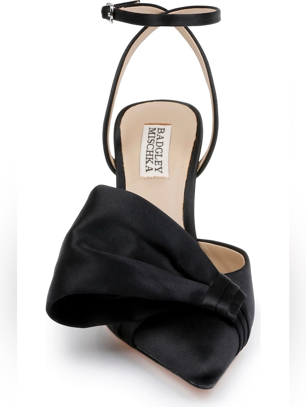 Badgley Mischka Black Satin Knot Pointed Ankle-Strap Block Heel - Picture 4 of 6